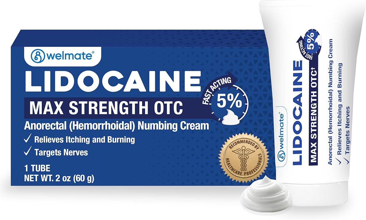 WELMATE 5% Lidocaine Cream for Hemorrhoids – Fast-Acting Lidocaine Numbing Cream &amp; Topical Analgesic Cream for Anorectal Itch Relief, Unscented, Child Resistant Packaging 2 oz (60g)