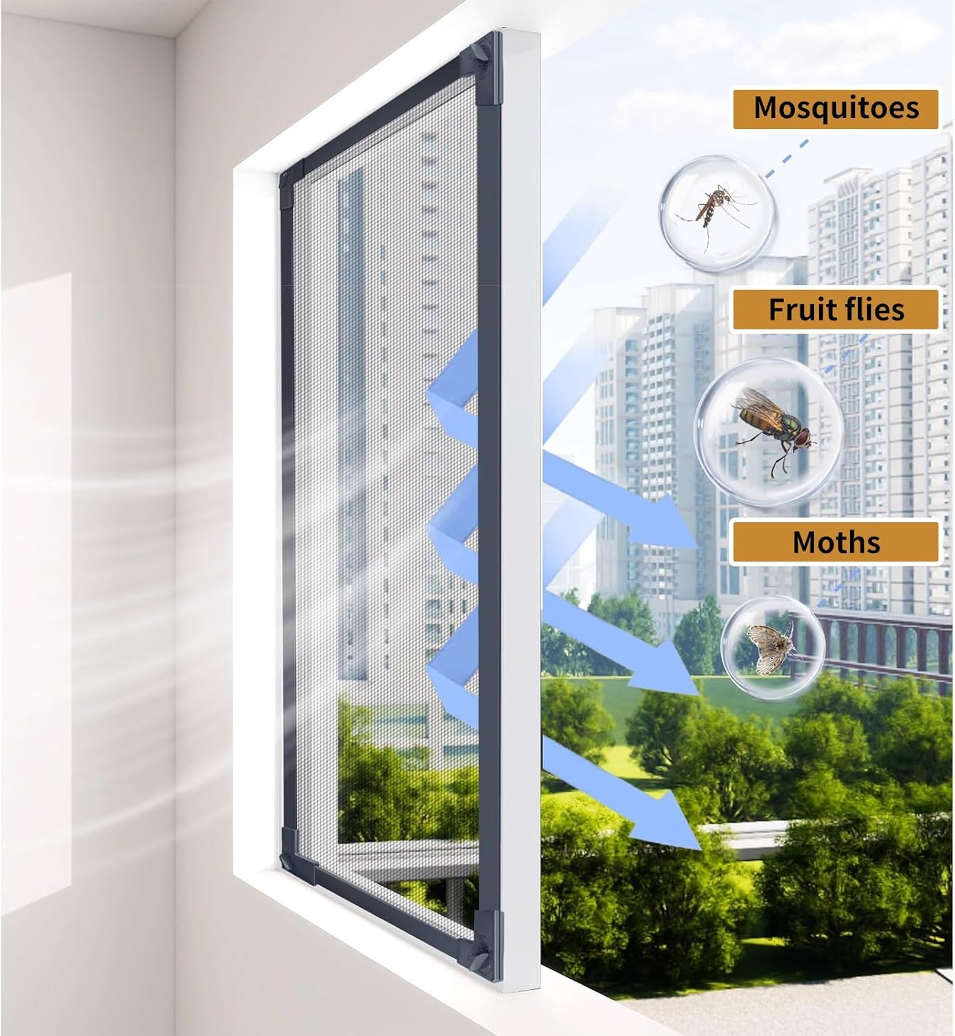 47x63" Window Screen, Adjustable DIY Fly Screen Mesh Trimmable for Frames Up to 45x61", Full Frame Wide Magnetic Strip with 4 Locking Clips(White Frame Gray Mesh,47"x63")