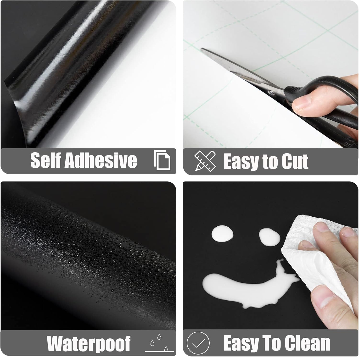 Homease Smooth Black Wallpaper 24"x 196", Solid Color Skin Wallpaper Peel and Stick Self Adhesive Removable Contact Paper for Cabinets Walls Countertops Desktop Shelf Door, Waterproof Thick Vinyl