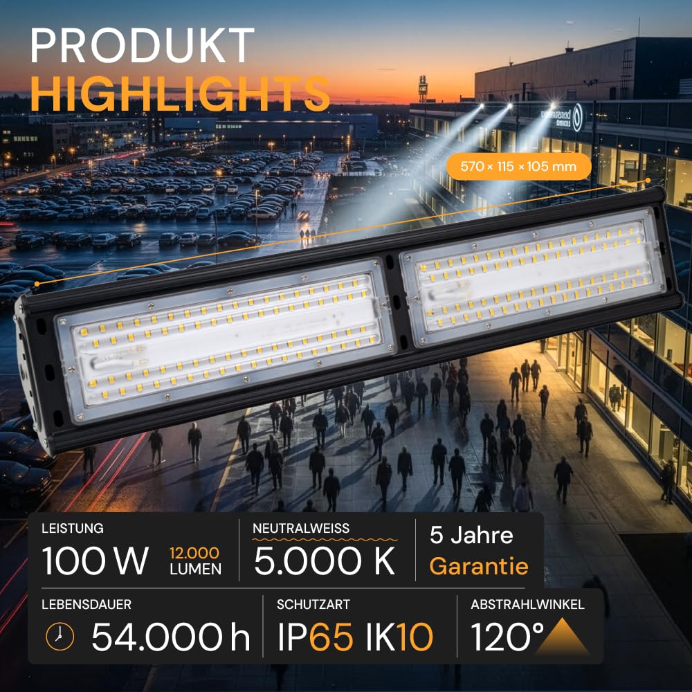 LED Hallenleuchte 100W 5000K Neutralweiß 12000lm - Industrie Hallenstrahler für Werkstatt, Lager, Garage - 120lm/W IP65 IK10 ENEC – High Bay Industrielampe Hallenbeleuchtung