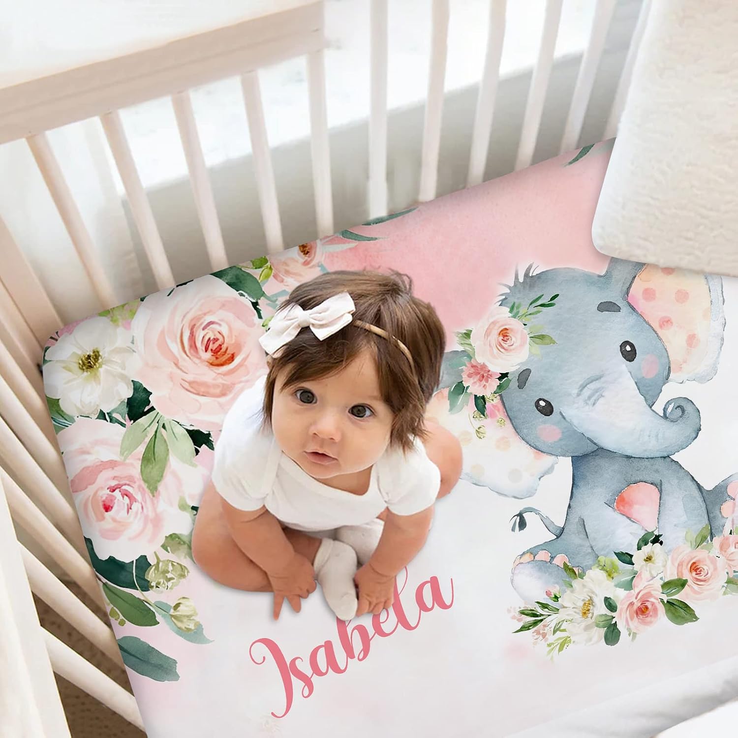 Personalized Crib Bedding Sets for Baby Girls, Custom Baby Girl Crib Bedding Set with Name, Elephant Rose Nursery Bedding, 2 Piece Crib Bedding Set, Name Crib Comforter, Crib Fitted Sheets for Baby