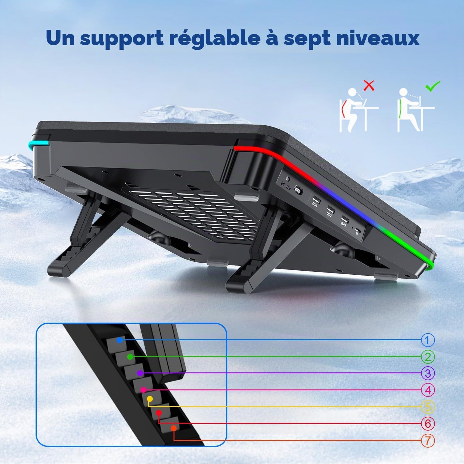 IETS GT600 Tapis de refroidissement RVB pour ordinateur portable avec ventilateur turbo géant (14 cm de diamètre), mousse scellée pour un refroidissement rapide, refroidisseur d'ordinateur portable de