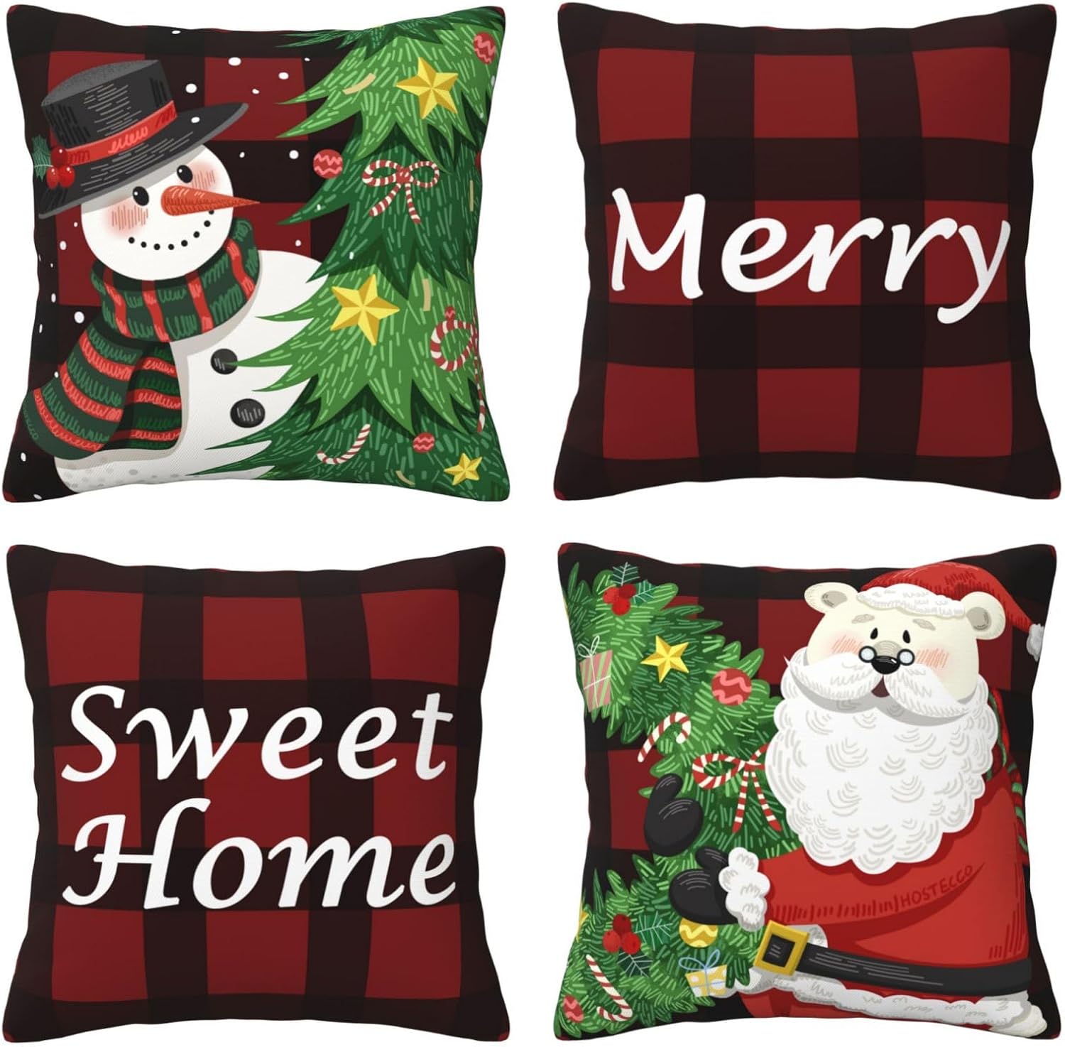 HOSTECCO Christmas Throw Pillow Covers 18x18 inch Set of 4 Xmas Buffalo Plaid Pillow Cases Green and Black Winter Holiday Decorative Cushion Cases for Sofa Living Room