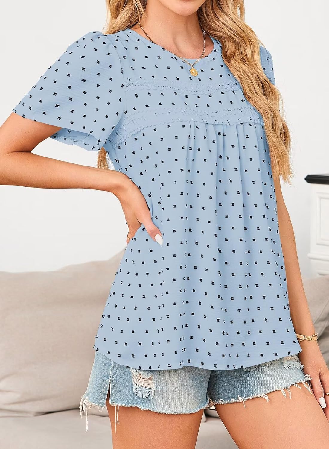 Womens Summer Tops Crewneck Short Sleeve Shirts Casual Chiffon Blouses Flowy Lace Hem Boho Clothing Trendy 2026 - Image 2