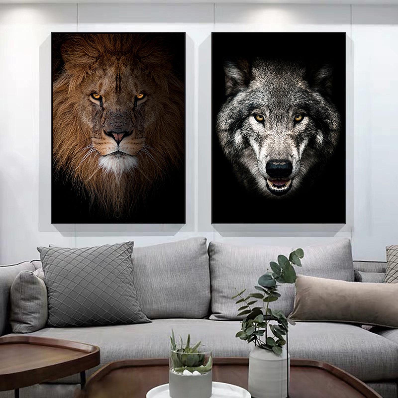 Amazon｜動物の壁の芸術ライオンとオオカミのキャンバスの絵画現代