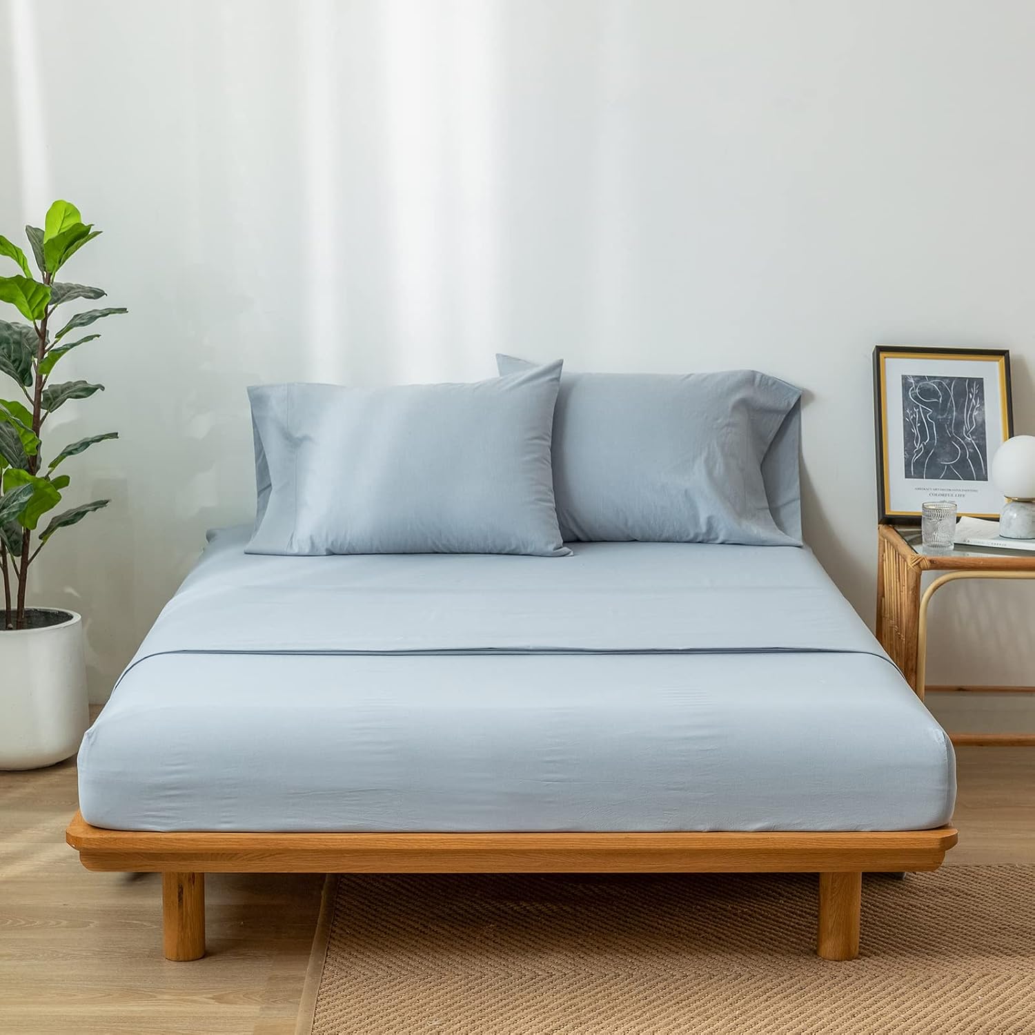 MooMee Bedding Sheet Set 100% Washed Cotton Linen Like Textured Breathable Durable Soft Comfy (Cornflower Blue, King)