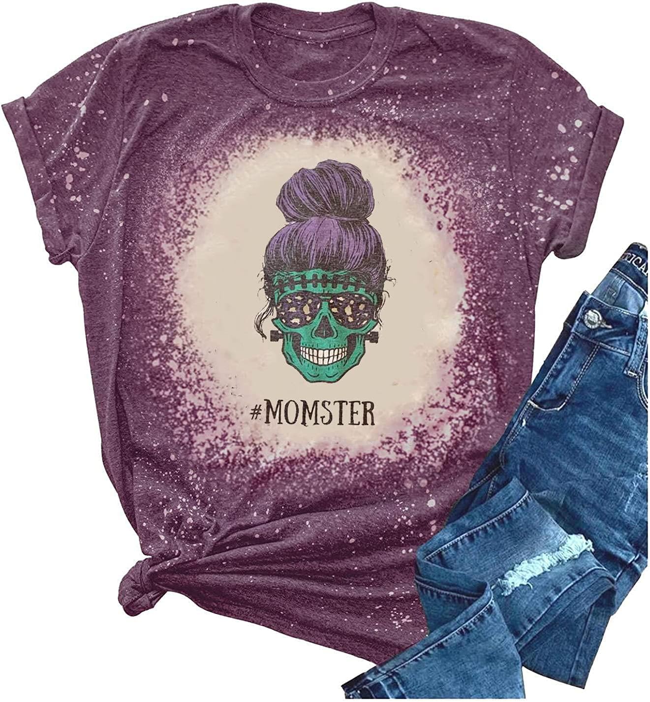 EXMIUNMomster Bleach Shirt for Women Funny Halloween Skull Mom Graphic T-Shirt Casual Letter Print Short Sleeve Tee Tops