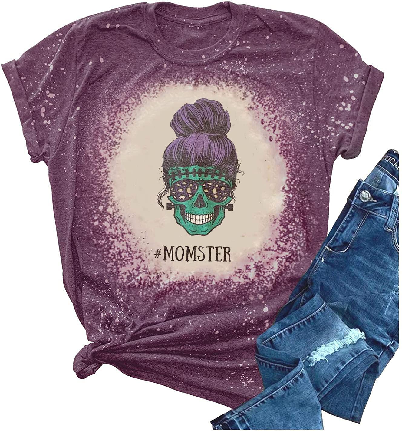 EXMIUNMomster Bleach Shirt for Women Funny Halloween Skull Mom Graphic T-Shirt Casual Letter Print Short Sleeve Tee Tops