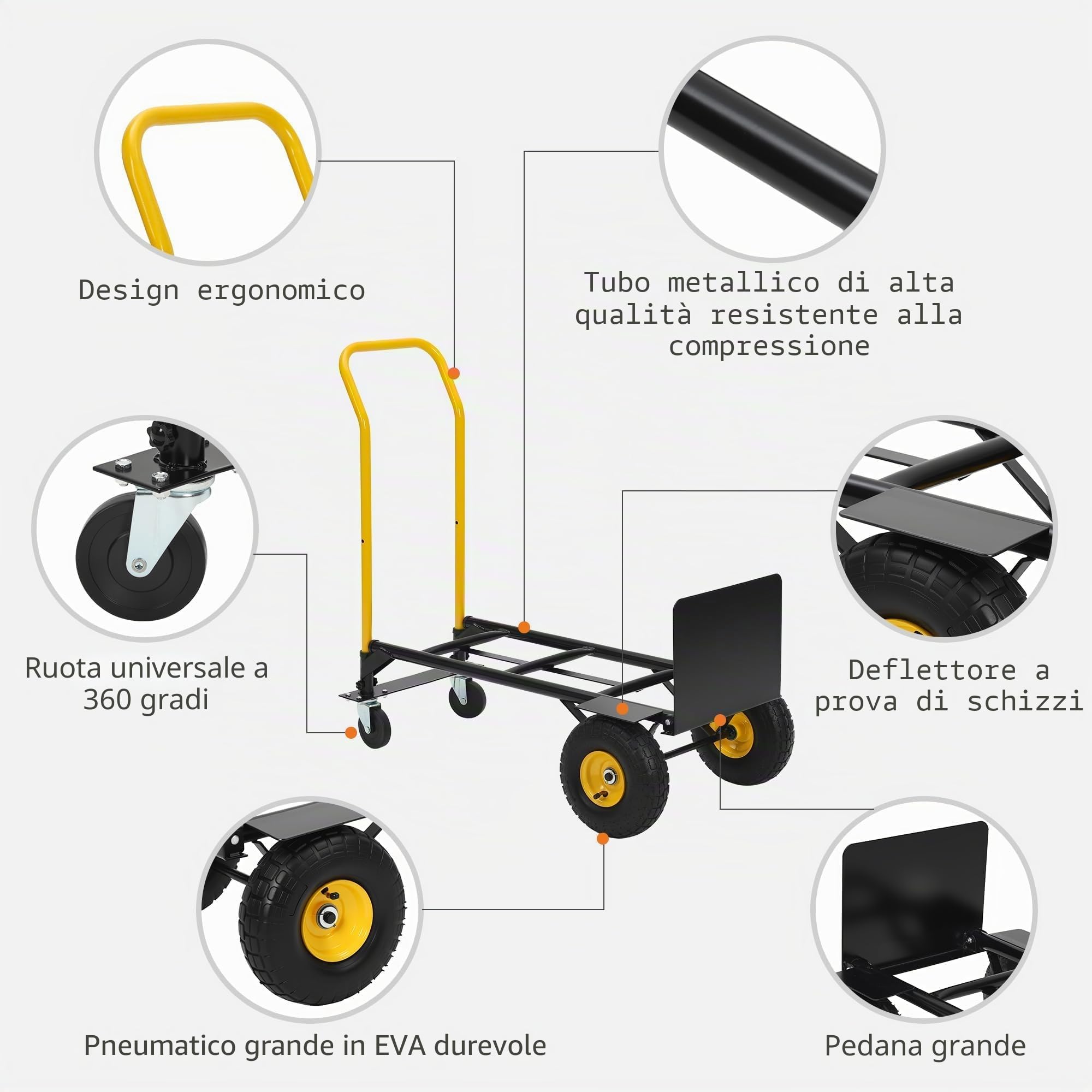 Carrello a mano convertibile 2-in-1 - Piattaforma pieghevole per magazzino, ufficio, giardino, spostamenti industriali - 4 ruote robuste, manico telescopico - Portata 800LB - Nero e Arancione
