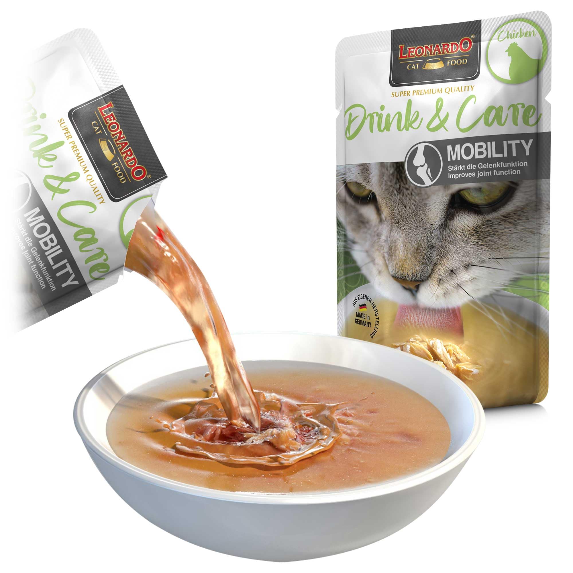 Leonardo Drink & Care Mobility Chicken | 20 x 40 g | Ergänzungsfuttermittel für ausgewachsene Katzen | Zur Unterstützung der Flüssigkeitsaufnahme und der Gelenkfunktion
