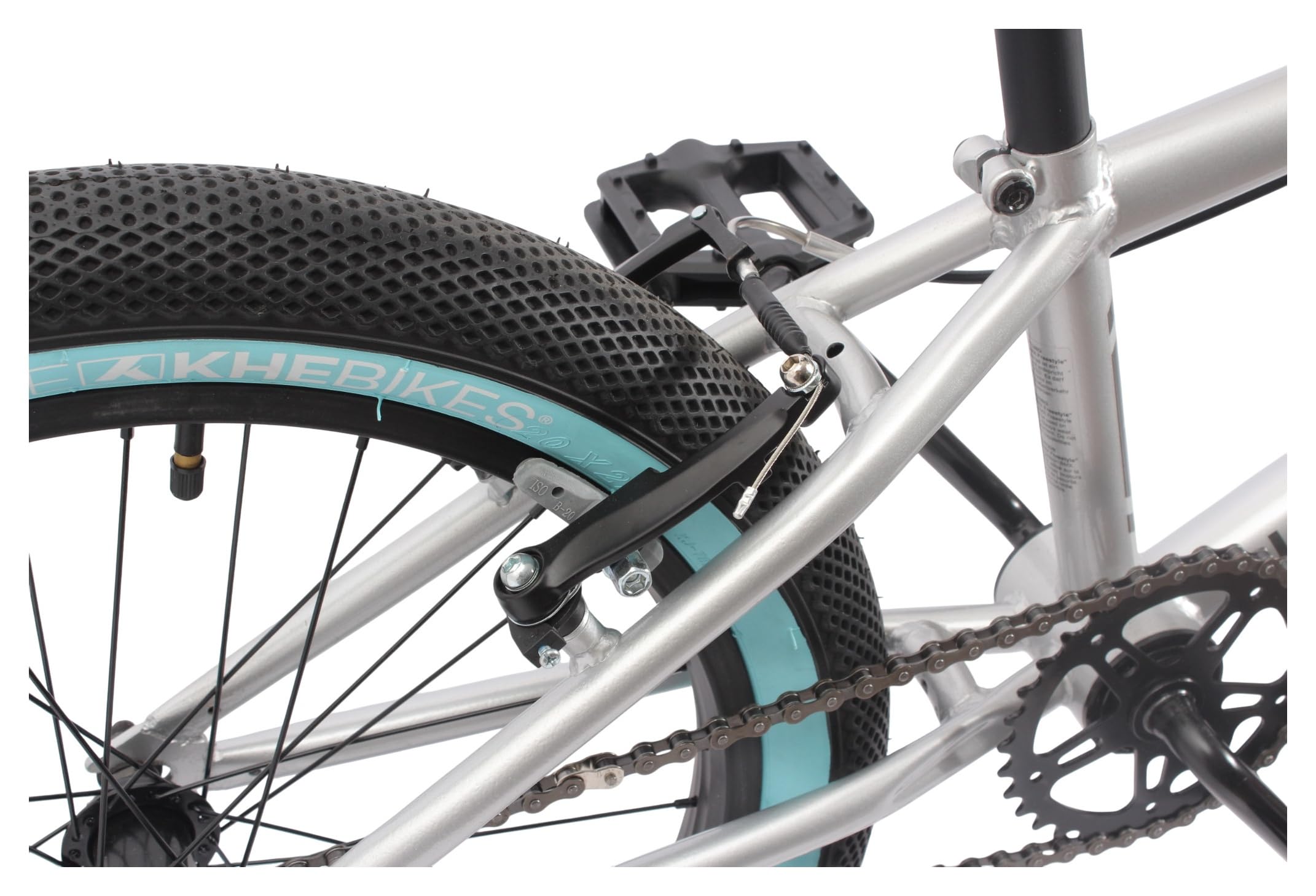 KHE Park Vélo BMX 20", léger, 11,1 kg, Freestyle Bike pour débutants et confirmés, freins en V, tube supérieur de 19,5", argenté/turquoise, modèle 2025