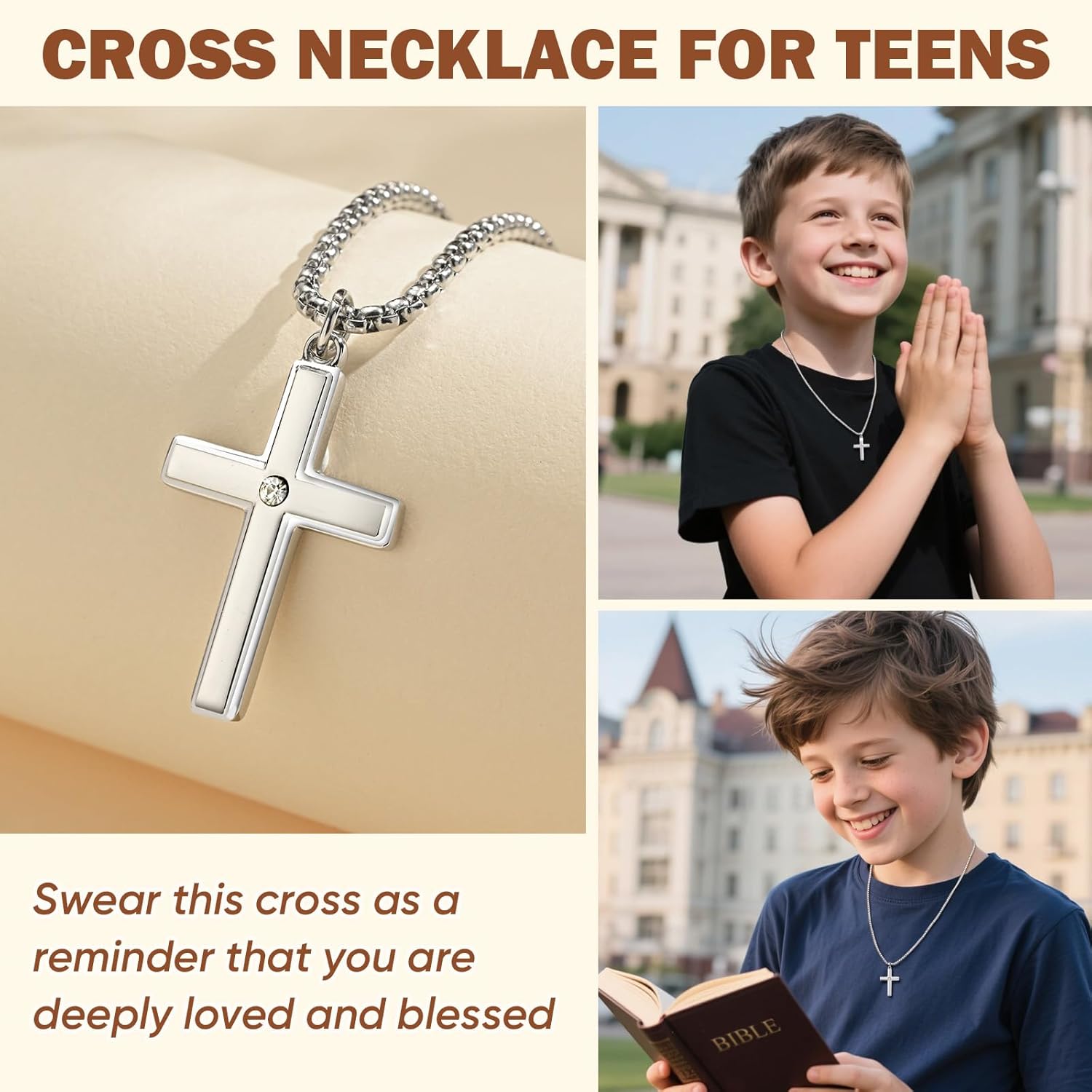 Cross Chain Necklace for Son Gifts : Minimal Stainless Steel Silver Crucifix Cross Pendant Jewelry for Teenage Boys Son from Mom Dad First Communion Confirmation Baptism Birthday Gift with Gift Box - Image 5