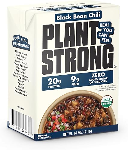 PLANT STRONG Organic Black Bean Chili, 14.5 oz – High Protein Vegan Black Bean C