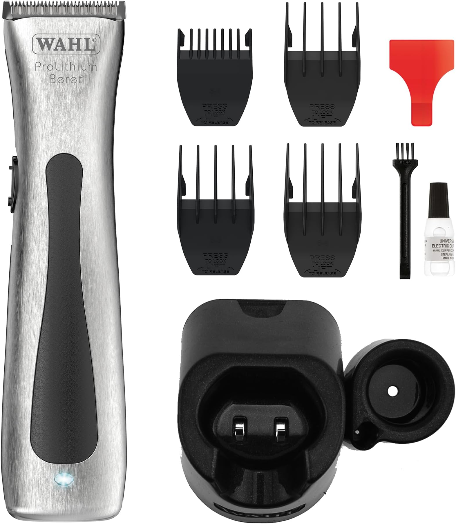 08841-724 Cord/Cordless Professional Beret Lithium Ion Trimmer, 0.4 cuttinng length, 4 Guide Combs (2.5 mm-11 mm), 6000 Rpm, 75 min run time, Great for Barbers and Stylists, Silver