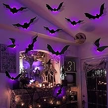 Halloween Deko Fledermaus, 12 Stück 3D Groß Fledermaus Deko Mit LED, Wandaufkleber Helloween Dekoration Party Deko Sticker, Helloween Deko Outdoor Indoor, Halloween LED Deko Set Für Fenster Tür (Lila)