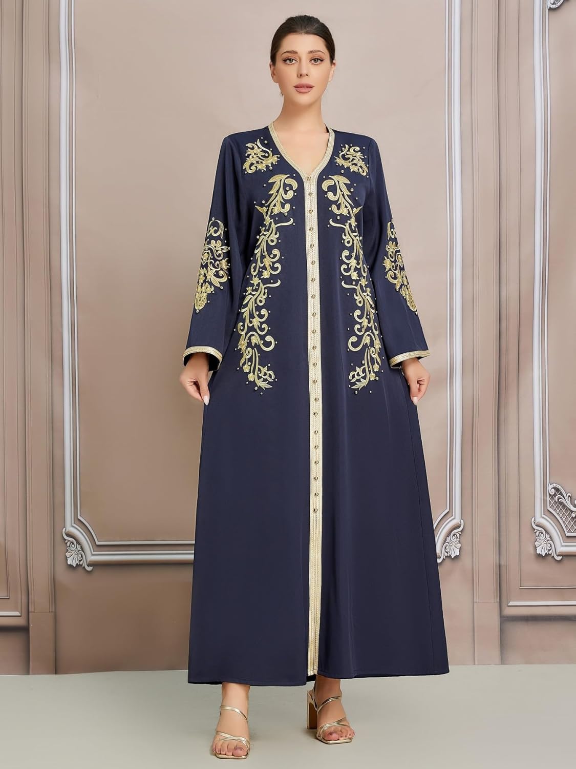 Luxury Plus Size Kaftan Dress for Women Embroidered Muslim Abaya Dress V Neck Middle Eastern Robe for Eid Ramadan - Image 5