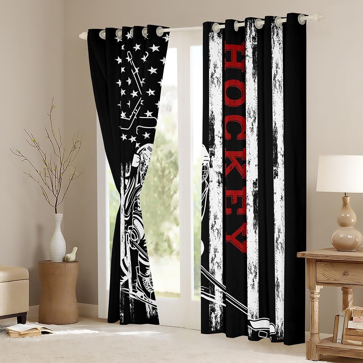 Castle Fairy Ice Hockey Window Curtains,Sports Games Player Print Window Treatments for Kitchen,Stars Stripes American Flag Polyetser Blackout Window Drapes, 2 Panels, 52Wx84L inch