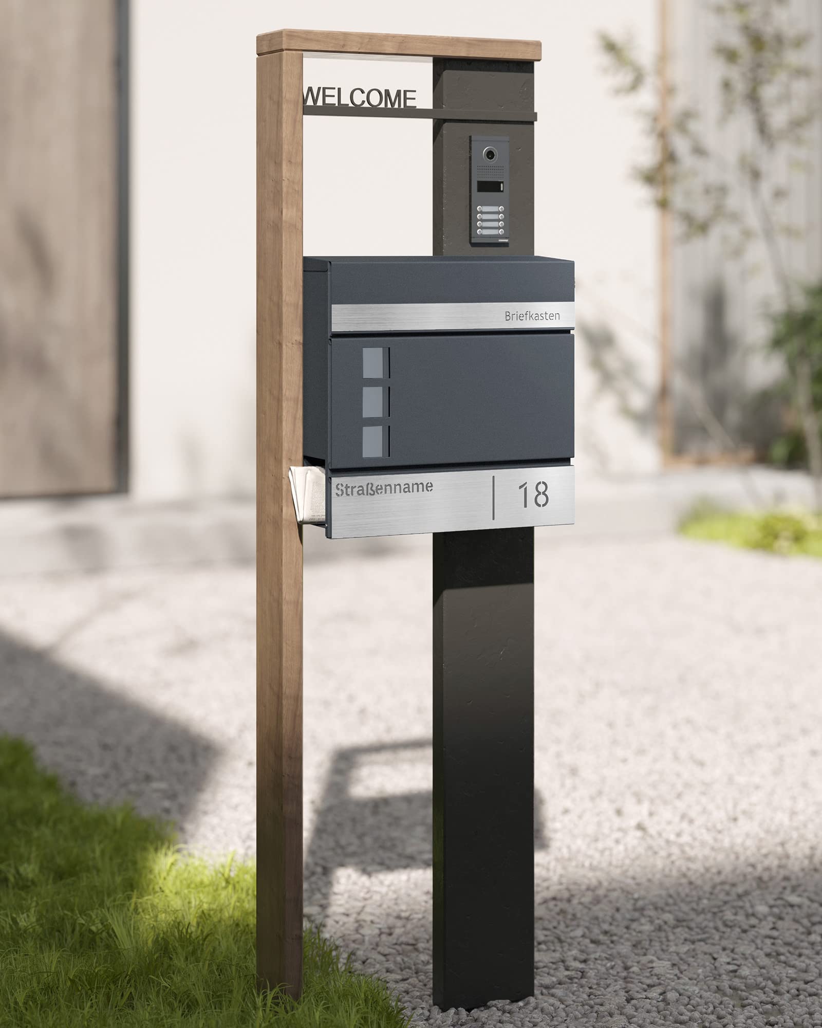 SONGMICS Briefkasten personalisiert, lasergraviertes Namensschild und Hausnummernschild, Postkasten, Zeitungsfach, V-förmiges Sichtfenster, Schloss, modern, anthrazit-silbern GMB081G01