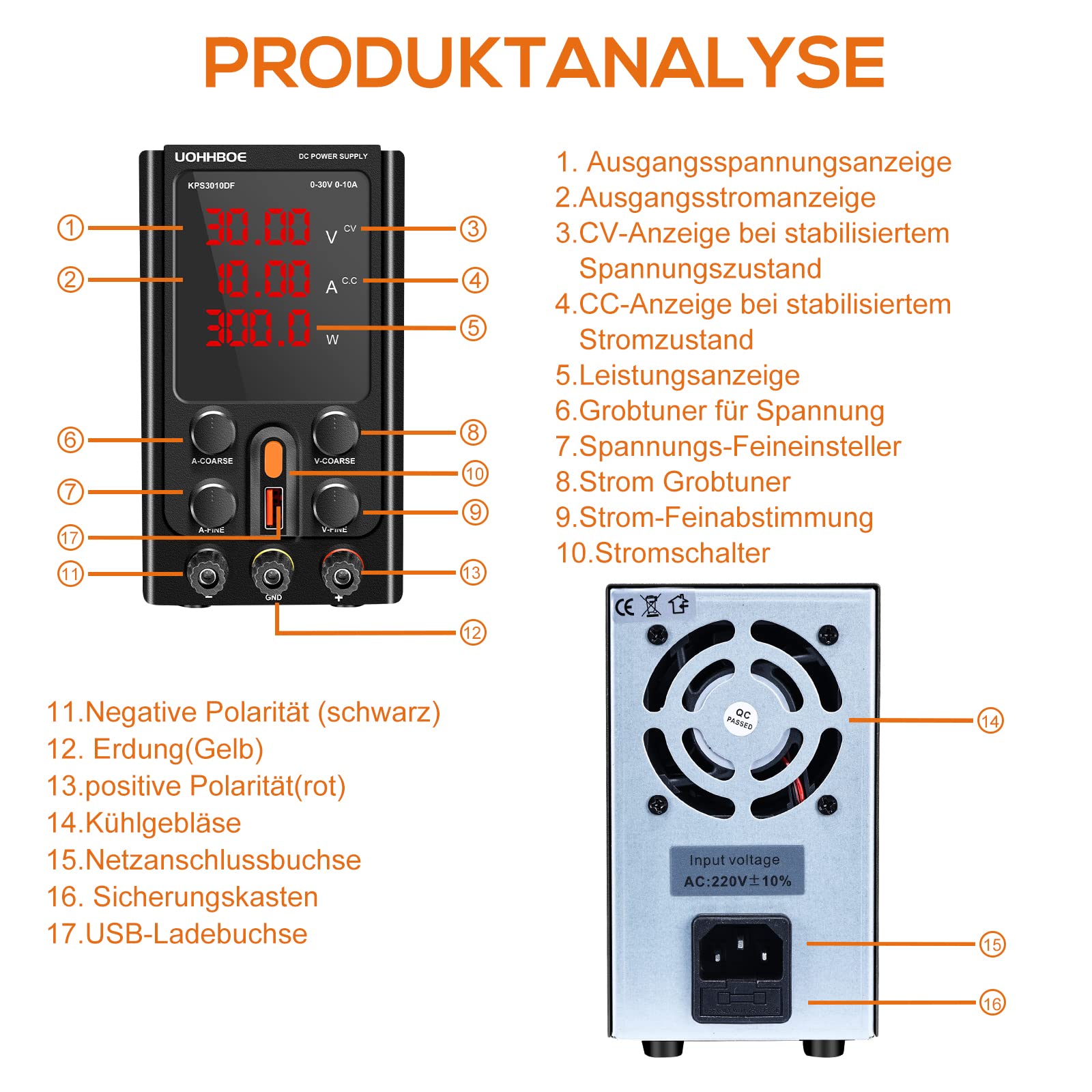 UOHHBOE Labornetzteil 30V/10A DC Regelbar Netzgerät mit hochpräziser 4-stelliger LED-Anzeige 5V/2A USB-Schnittstelle Grob- und Feineinstellknopf Labornetzgerät geeignet für Labor und Elektronikwartung
