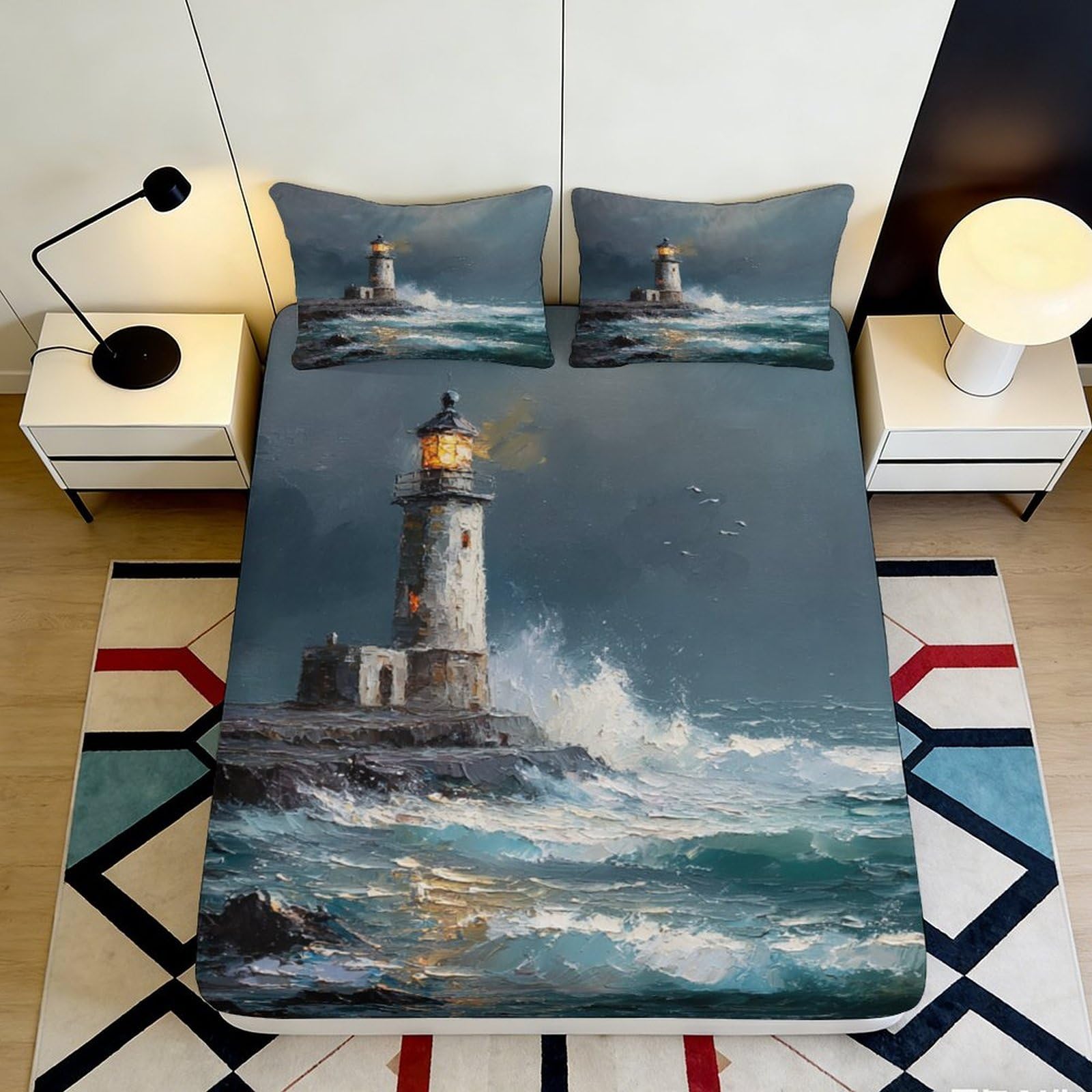 3D Printed Lighthouse Ocean Fitted Sheet Microfiber Soft Waterproof Coastal Waves Mattress Cover Bedroom Decor 90x200x25cm