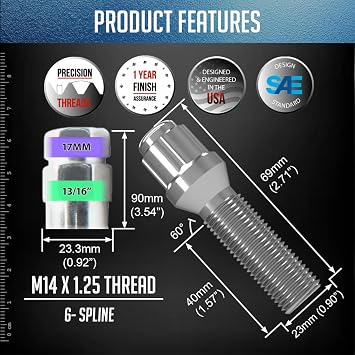 Wheel Accessories Parts 20 Pcs Lug Bolt Set M14 x 1.25 Thread Acorn Seat Lug Bolt Chrome Finish 40mm Shank Length 6 Spline Car fits BMW 3, 4, 5, 7, 8 Series, M2, M4, M5, M8, X5, X6, X7