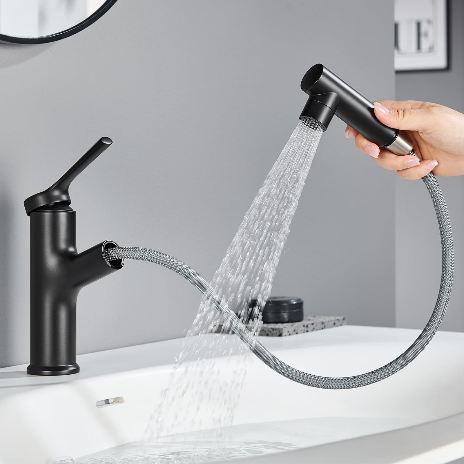 CECIPA Rubinetto Bagno Lavabo Nero con Doccia Estraibile lavaggio capelli | Miscelatore Lavabo Bagno 2 Modalità Getto, Rubinetto ad Alta Pressione per Lavandino Bagno,Nero