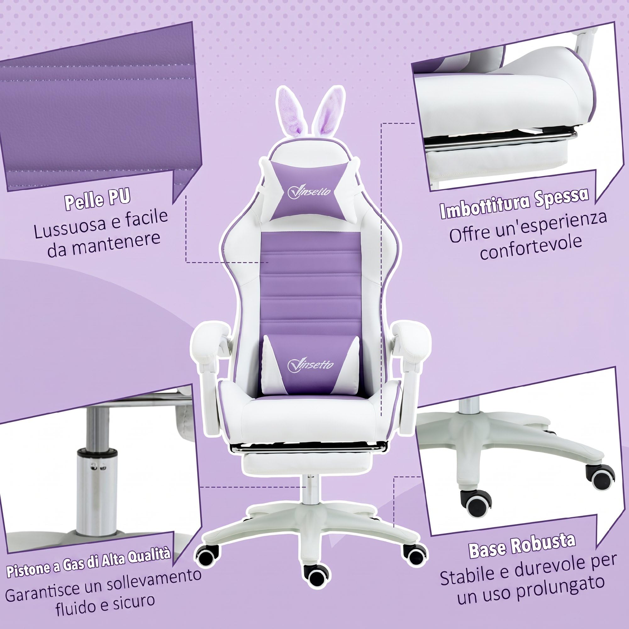 Vinsetto Sedia Gaming Ergonomica Reclinabile con Orecchie da Coniglio Viola | Poltrona Gaming con Poggiapiedi Estraibile, Cuscino Lombare e Poggiatesta, Altezza Regolabile