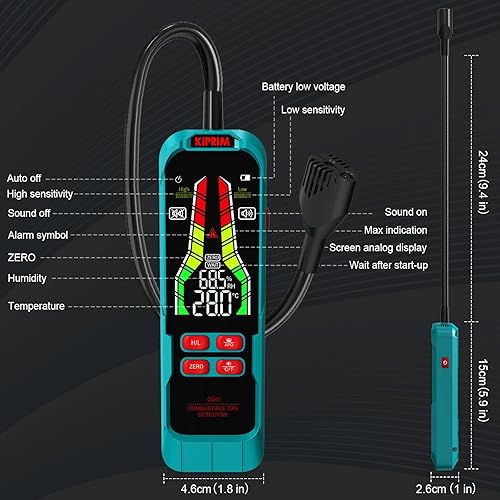 Miniatura 5 de Kiprim Detector de fugas de gas de alta sensibilidad, herramientas HVAC, detector de gas natural con sonda de 9.4 pulgadas, probador de gas portátil