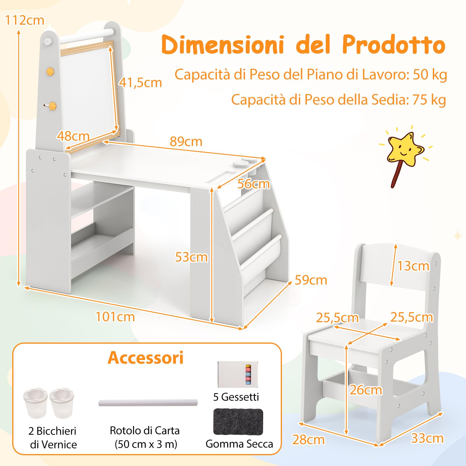 COSTWAY Set 3 in 1 Tavolo e Sedia per Bambini 3+ Anni, Tavolo in Legno Sicuro con Lavagna, Sedia, Lavagna Bianca, Rotolo di Carta, 2 Ripiani Aperti e Libreria a 2 Ripiani, Ideale per Disegno (Grigio)