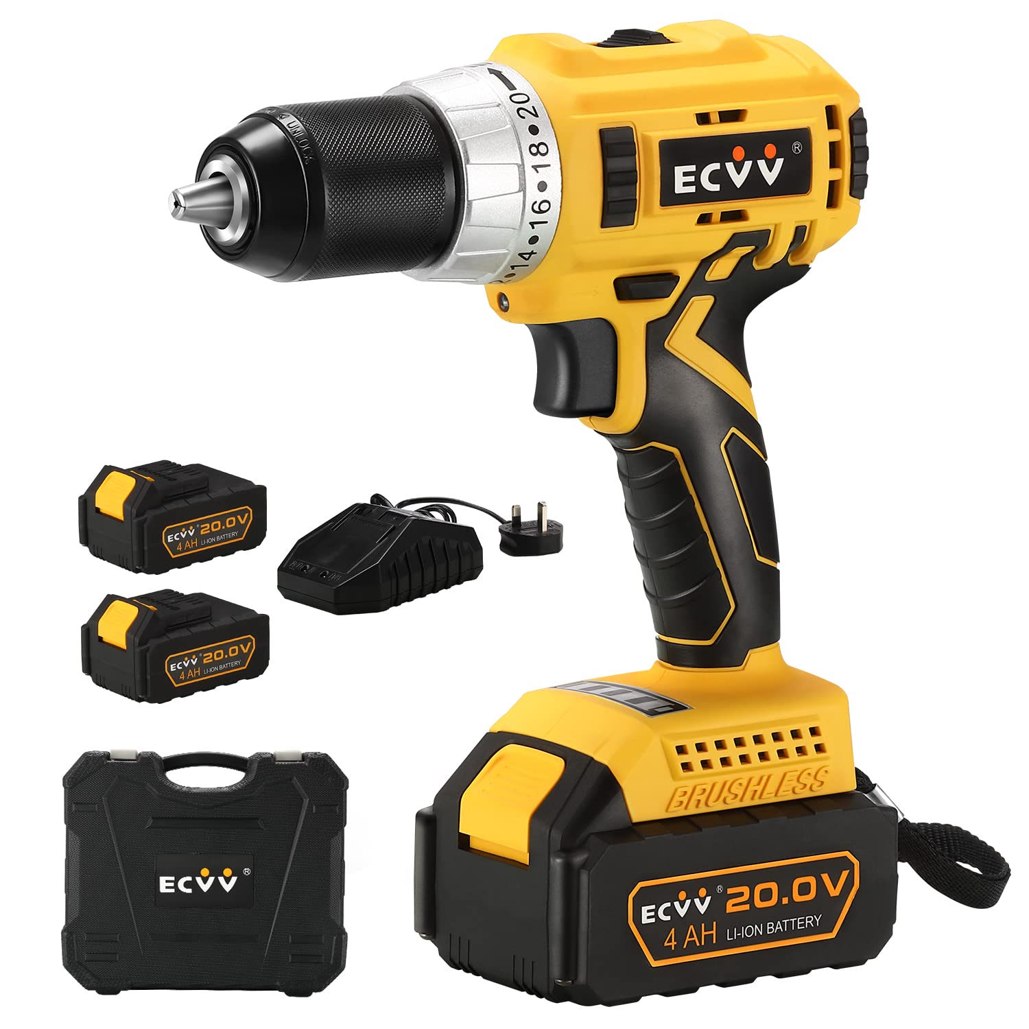 Cordless Drill Driver Kit 80Nm Torque with 2 Packs 4.0Ah Li-ion Batteries & Fast Charger 20V Brushless Driver 2-Variable Speed with 13mm Metal Chuck for Fastening and Drilling