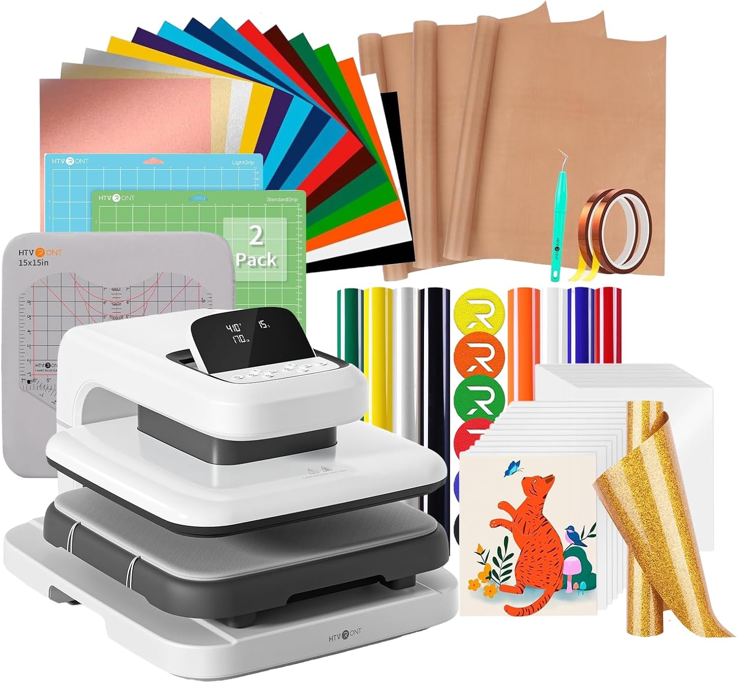 【Premium Bundle】 HTVRONT Automatic Heat Press 2 + HTVRONT Automatic Heat Press Accessories Kit + 2 Pack Cutting Mats 12x12 + 8 Pcs 3D Puff Vinyl + 10" x 8ft Gold Glitter HTV Heat Transfer Vinyl