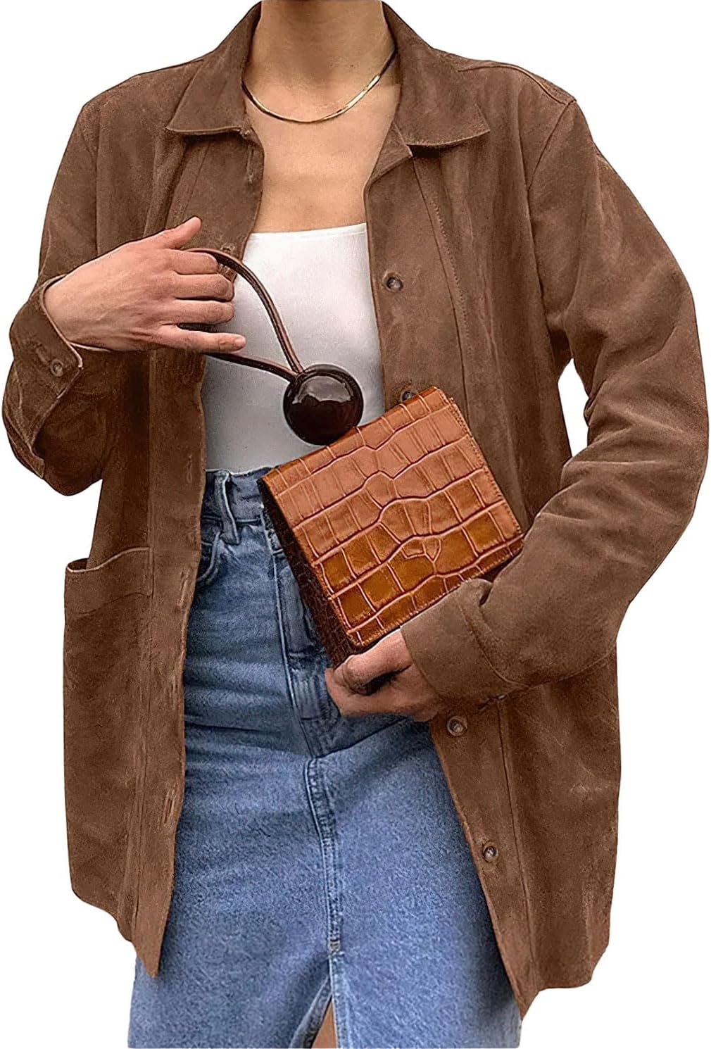 chouyatou Women's Faux Suede Leather Jacket Lapel Collar Button Down Faux Suede Leather Shacket Jacket