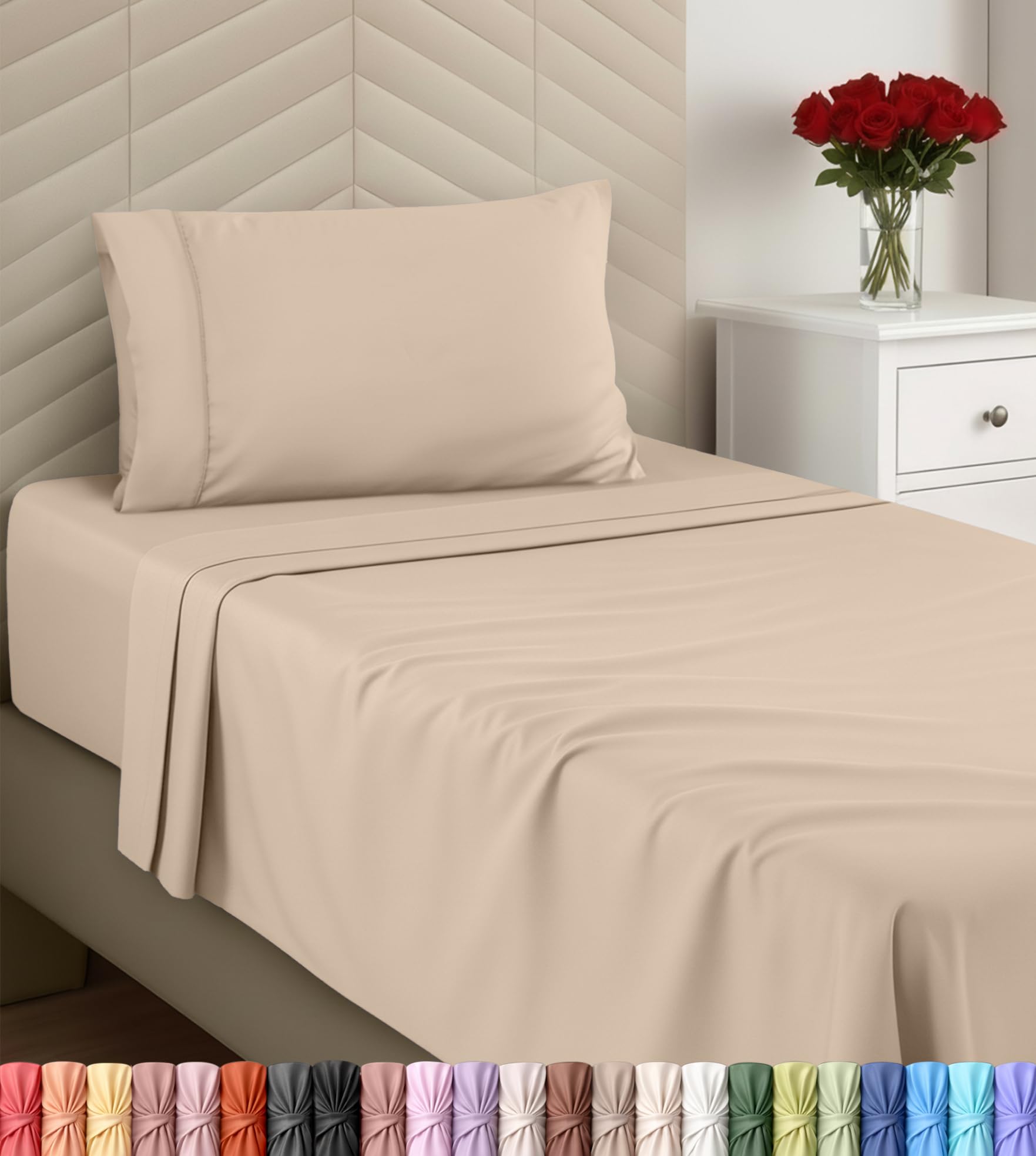 Utopia Bedding Twin Sheets Set - Brushed Microfiber - Soft Bed Sheets for Twin Size Bed Set - Includes 1 Fitted, 1 Flat, & 1 Pillow Case - Deep Pocket (Beige)