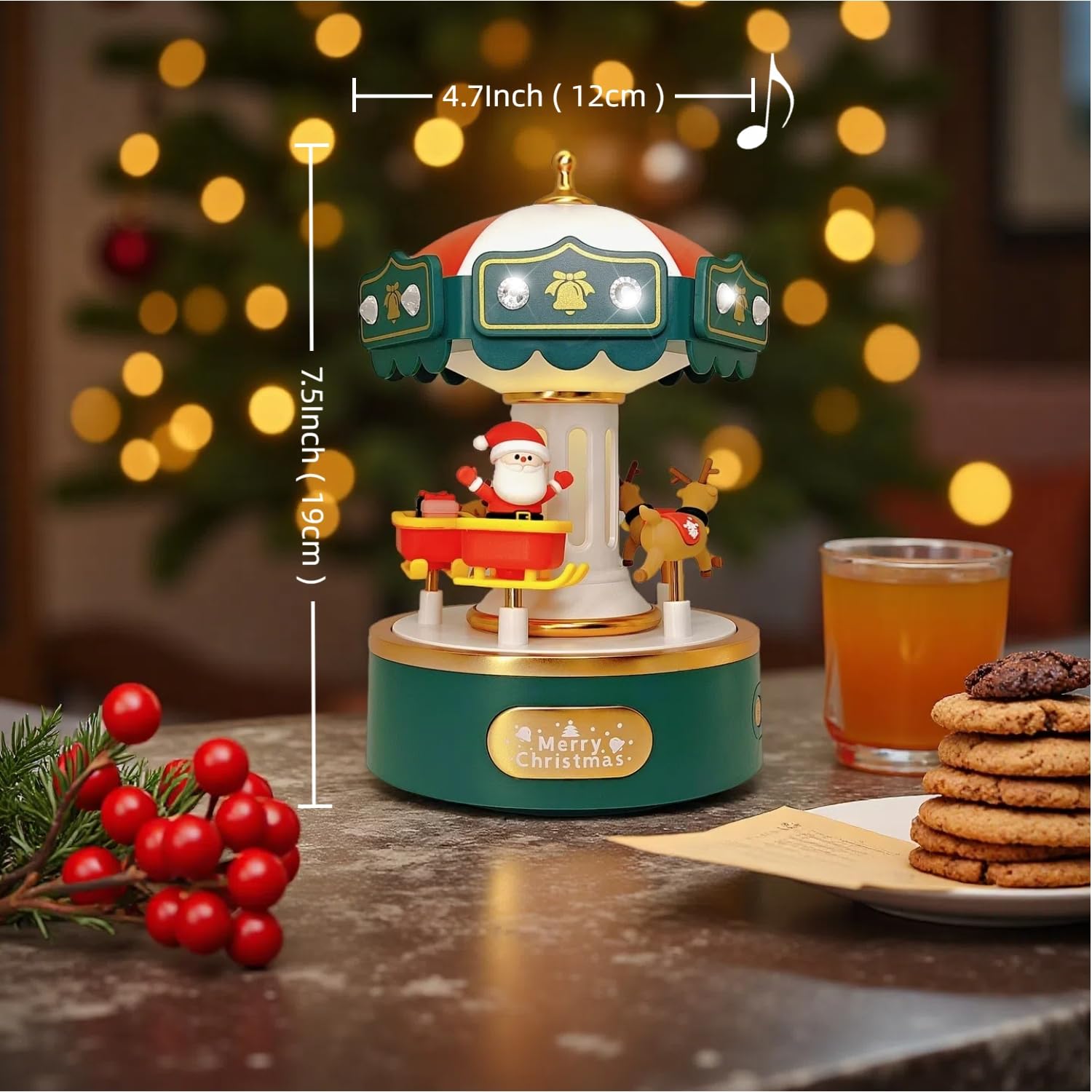 Carrusel de caja de música eléctrica con gemas brillantes, decoración encantadora y regalo sincero para cumpleaños, aniversario, Navidad, día de San Valentín y día de la madre (verde