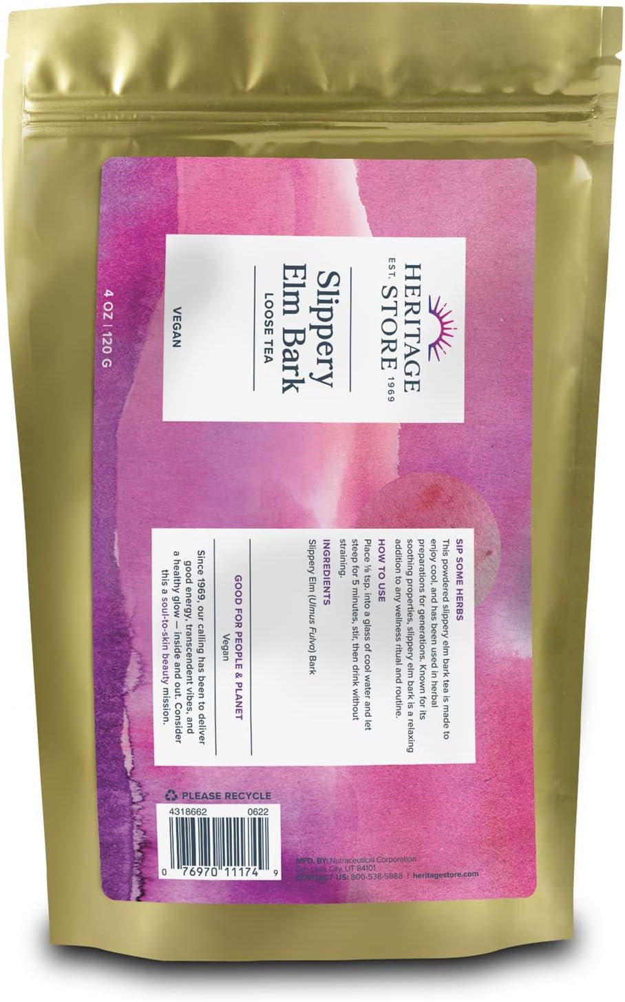 HERITAGE STORE Slippery Elm Bark Tea, Soothing Loose Tea Helps Ease Digestion, Relaxes & Calms The Throat, with Pure Slippery Elm Powder from The Inner Bark, Vegan, No Additives or Fillers, 4oz