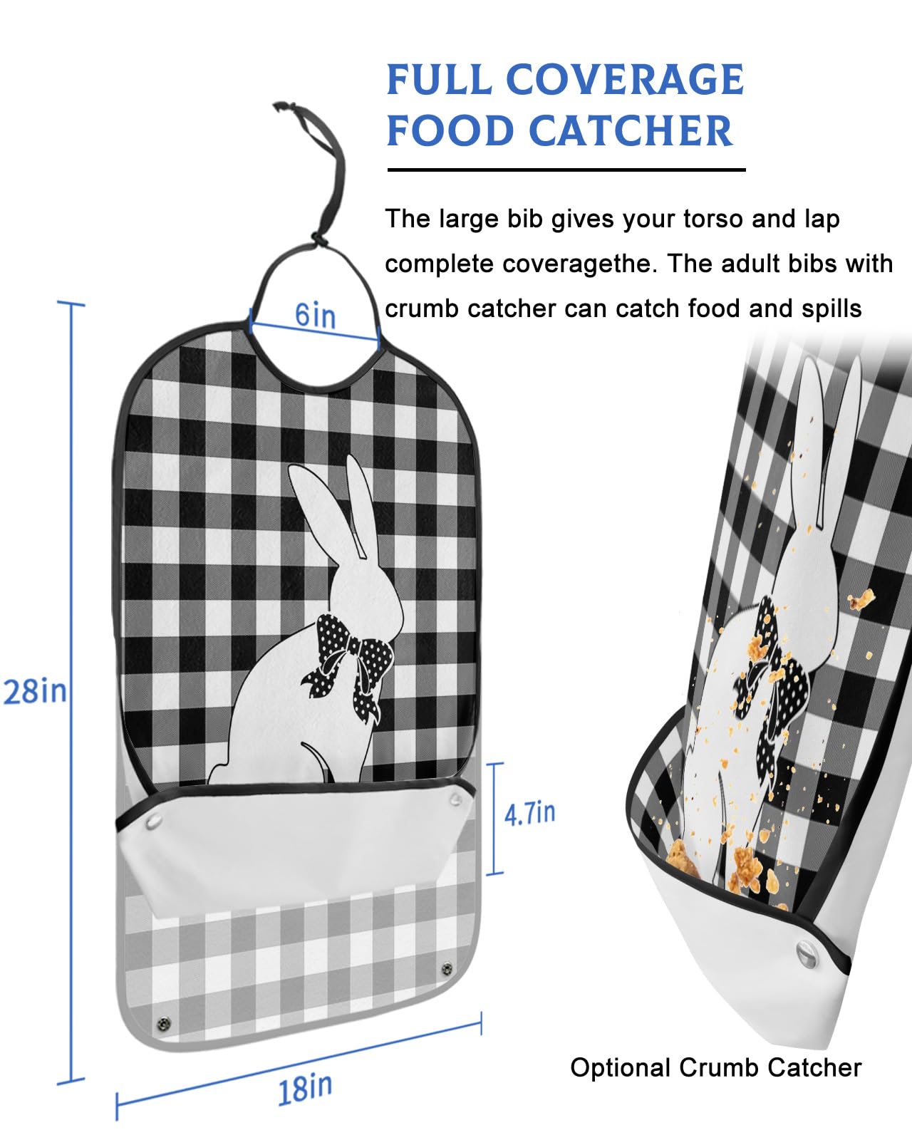 Spring Easter Adult Bibs for Eating, Waterproof Bibs with Food Catcher & Adjustable Snap Closure, Bunny with Polka Dot Bow Knot on Black and White Checkered Clothing Protectors Adult Bibs for Elderly