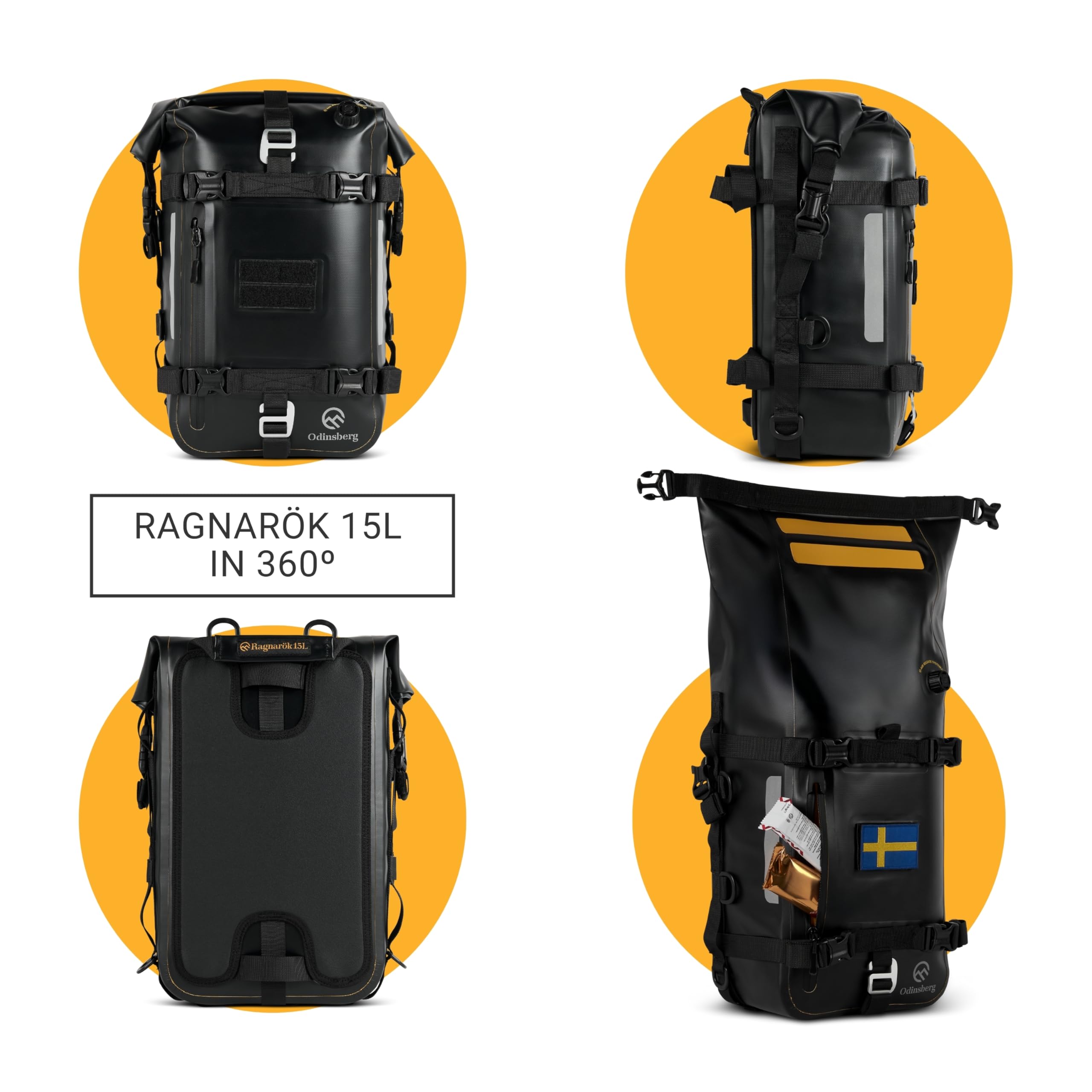 Odinsberg 15L Bolsa Moto Impermeable | Bolsa Estanca Trasera de Colín para Asiento, Barras de Choque y Defensas Laterales | Mochila y Alforja Moto Trail Enduro para Viajes, Equipaje y Aventura