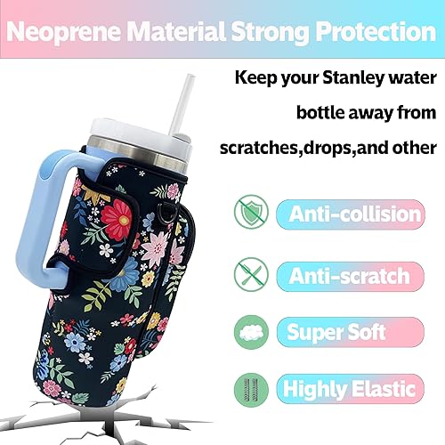 Miniatura 2 de Bolsa de transporte para botella de agua Stanley Quencher de 40 onzas con asa, bolsa de neopreno para botella de agua con correa de hombro