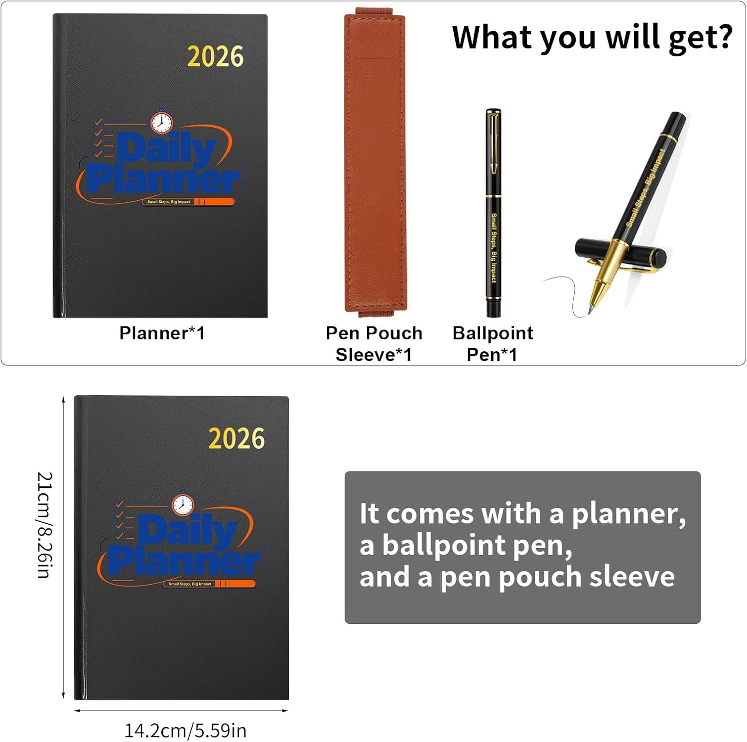 2026 Daily Planner A5 with Pen & Leather Pen Loop - Goal Setting Notebook for Productivity, Time Management & Scheduling for Work & School Black image 2