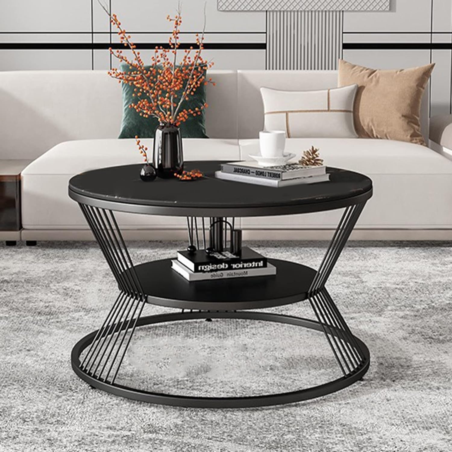 Coffee Table Two Tier Sofa Side Table Round Coffee Table Metal Frame Center Table Tea Table for Center Room Dining Home & Living Room Decor (Full Black)