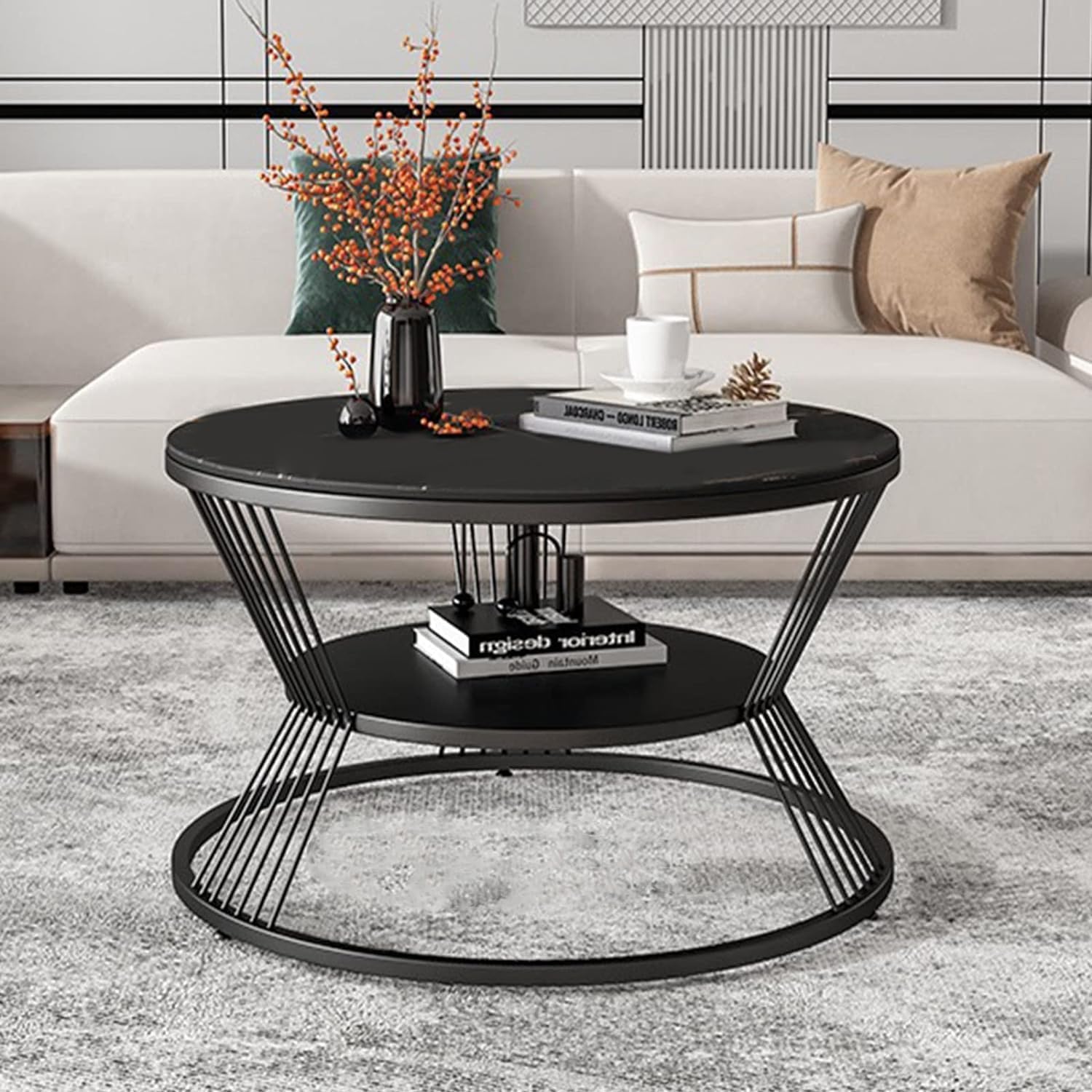 DDS Dream Decor Shoppee Coffee Table Two Tier Sofa Side Table Round Coffee Table Metal Frame Center Table Tea Table for Center Room Dining Home & Living Room Decor (Full Black)