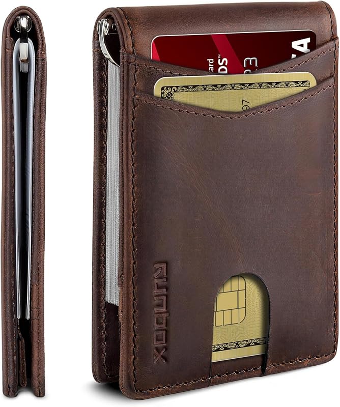 RUNBOX Genuine Leather Wallet for Men 12 Cards Slim Money Clip Mens Wallet Bifold Rfid Blocking with 2 ID Windows Card Holder Wallet with Gift Box