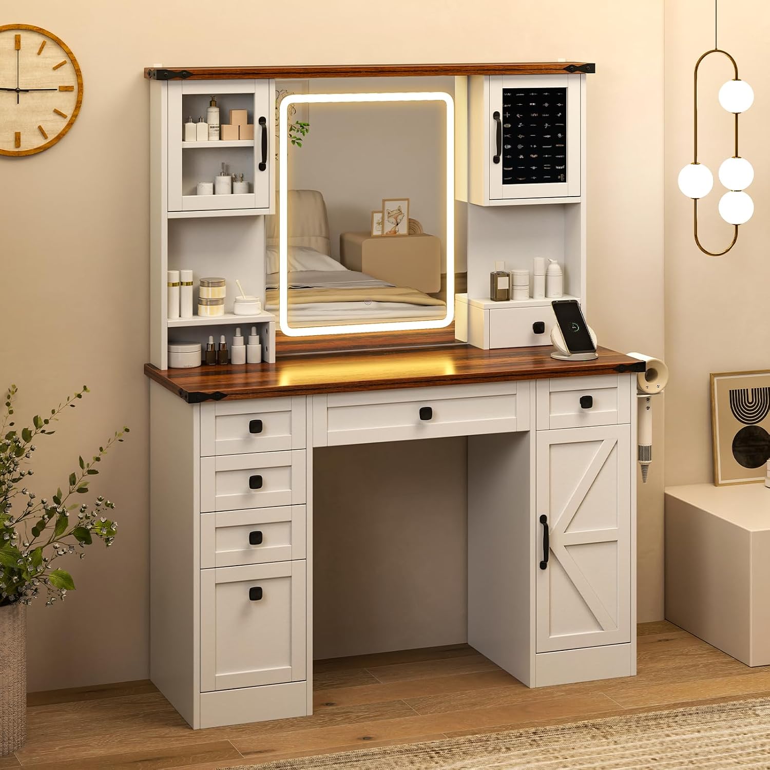 LOKO Vanity Desk with Mirror & Light, Makeup Vanity with Storage Drawers, Charging Station, 3-Color Lighting Options, Adjustable Brightness, Farmhouse Dressing Table for Bedroom, White + Dark Brown