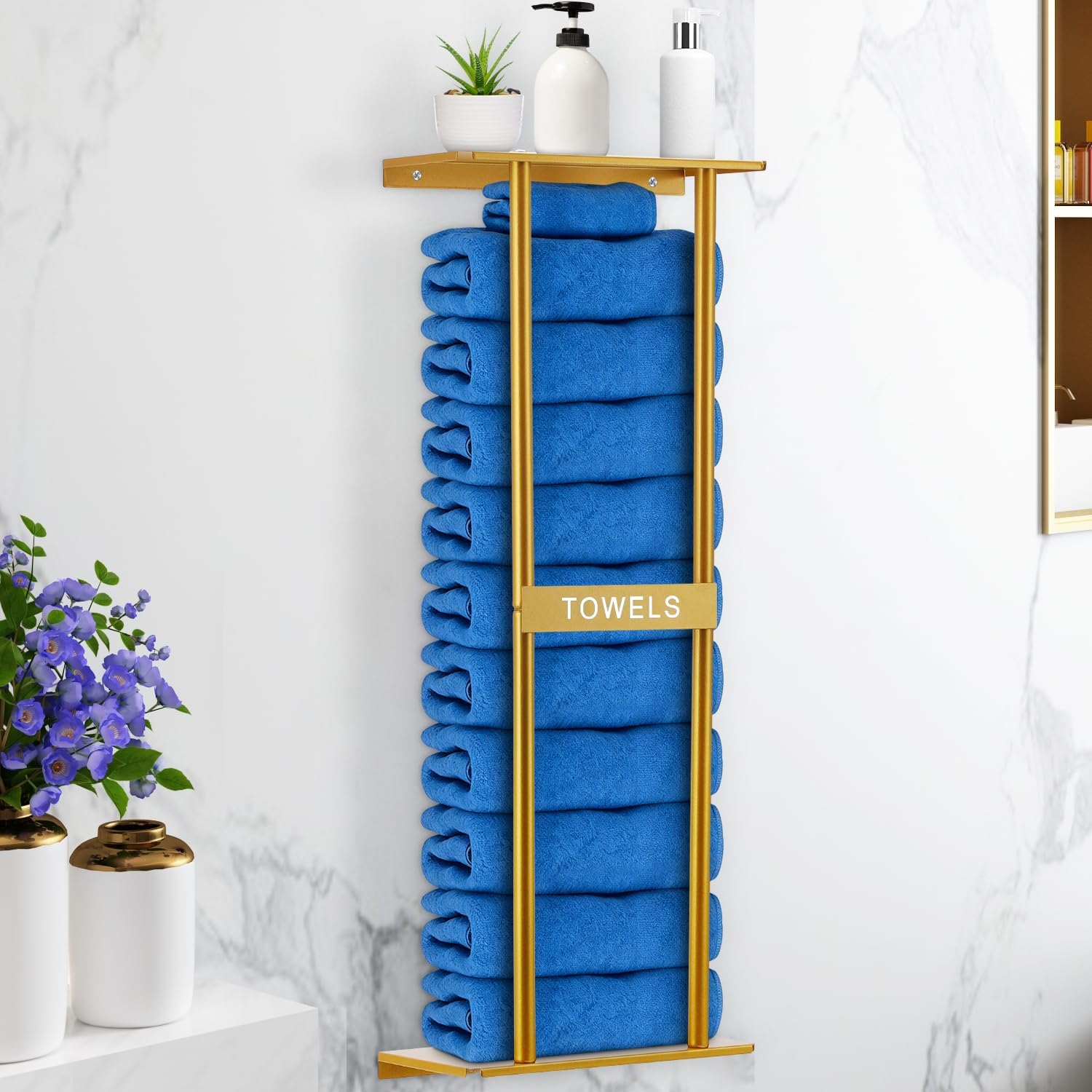 Vertical Towel Rack Wall Mounted - Metal Rolled Towel Holder, 31 Inch Black Space Saving Bathroom Storage Shelf for Shower, Toilet & RV (Golden)