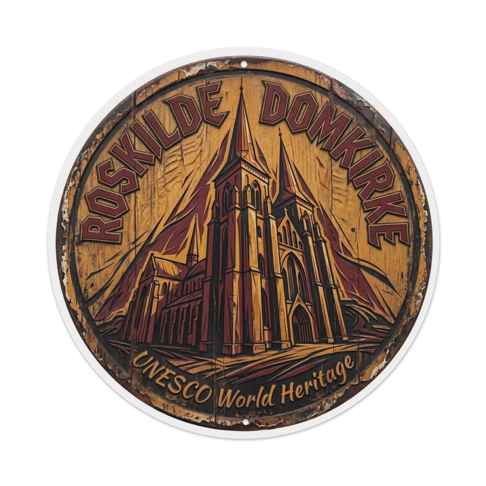 Vintage Travel Cathedral Roskilde Metal Tin Sign Plaque Wall Decor for Cafe, Club Bar, Office, Home Garden Round Metal Poster 8x8Inch