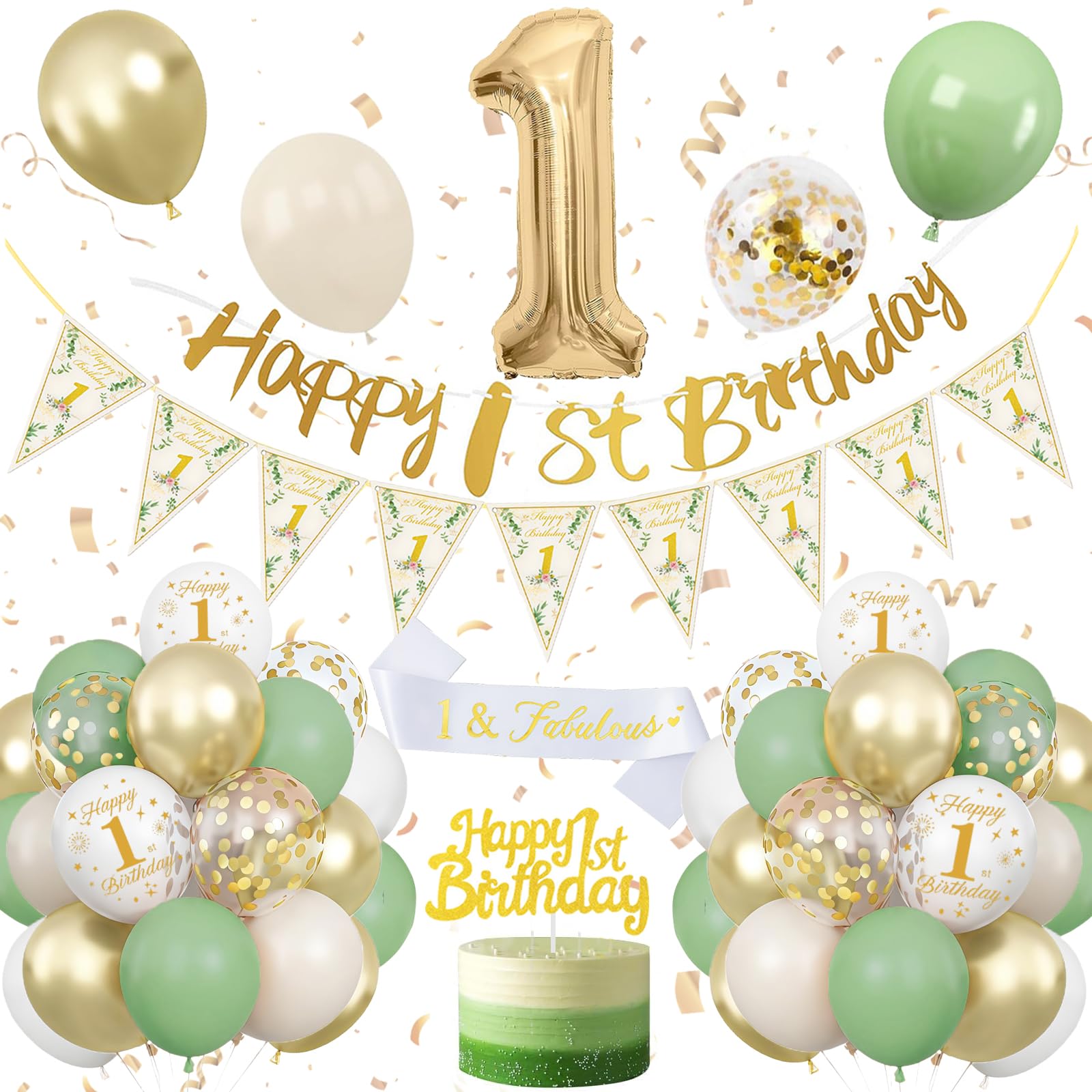 1st Birthday Decoration Sage Green, Green White Gold Birthday Decorations for 1 Year Old, Number 1 Balloons with Banner, Cake Decoration for Boy and Girl, 1 Year Old Birthday Decoration