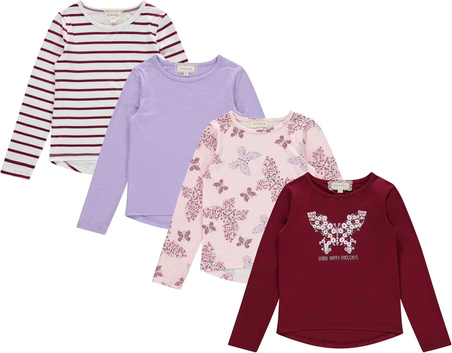 Girls Long Sleeve Fall Graphic Tops, School Sports Tees, 4 Pack Multiple Pattern Tshirts