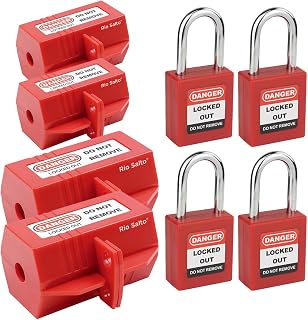 Rio Salto Plug Lock for Lockout Tagout Kit, OSHA Compliant Red Electrical Plug Lock Cover Loto (For 110 Volt and 220 Volt Plugs) - 2 Small 2 Medium with Padlocks