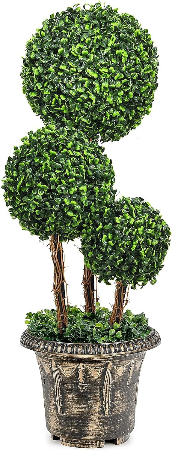 HOMGX Artificial Boxwood Topiary Tree w/Premium Wooden Rattan, Simulated Home Potted Plants Suitable for Office, Hone, Indoor and Outdoor Use (2.5ft)