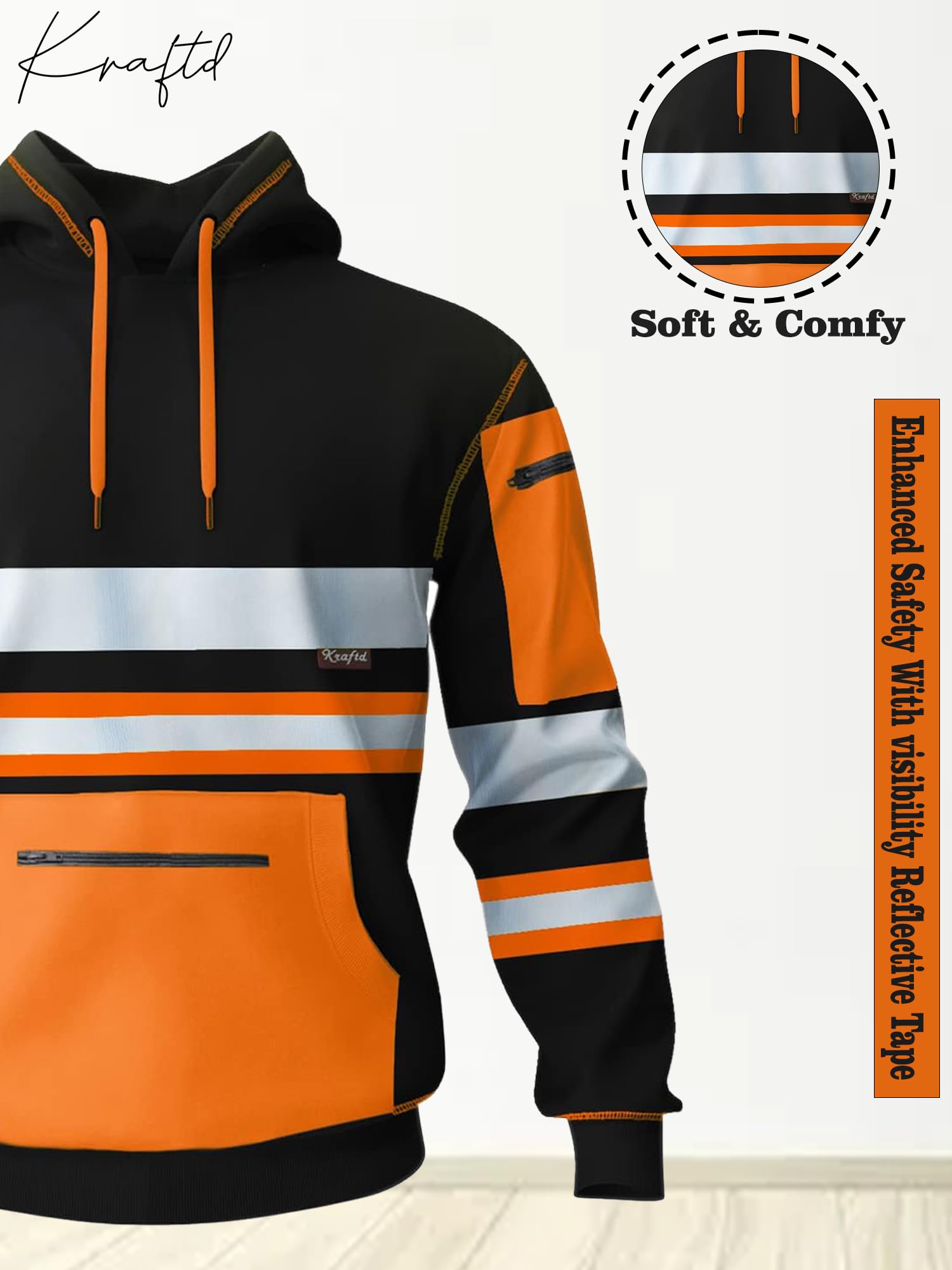 kraftd Mens Hi Vis Hoodie High Viz Hooded Sweatshirt Workwear Hoody With Reflective Tape — view 7